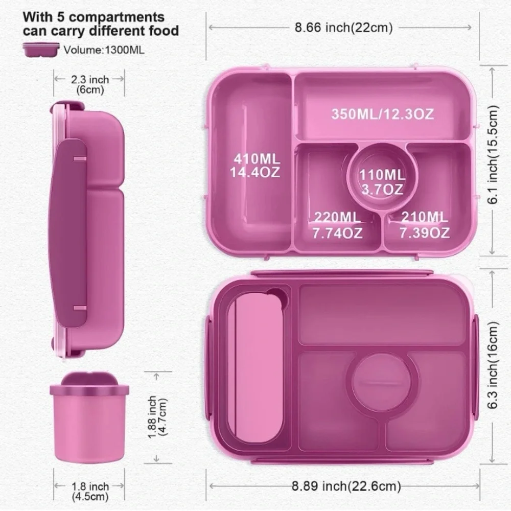 Amathley Bento Box With 5 Compartments For Lunches Adults, Kids, Purple BPA Free - Picture 7 of 8